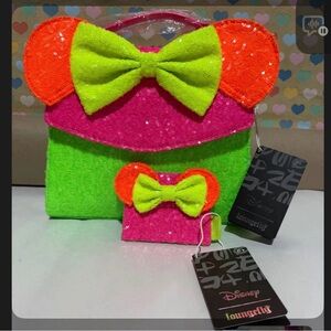 NWT Loungefly Minnie Mouse Neon Sequin Crossbody bag and matching card holder